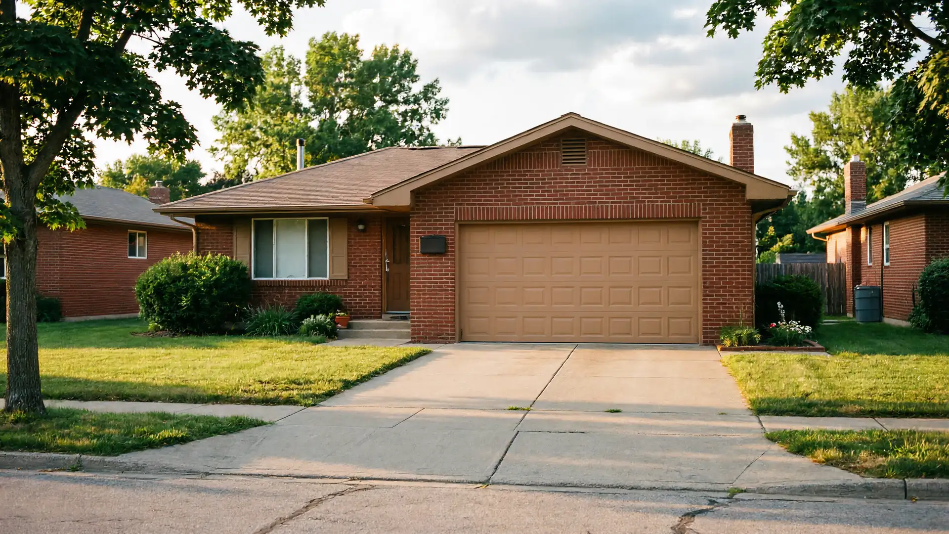 A brick house with a brown garage door and green lawn.