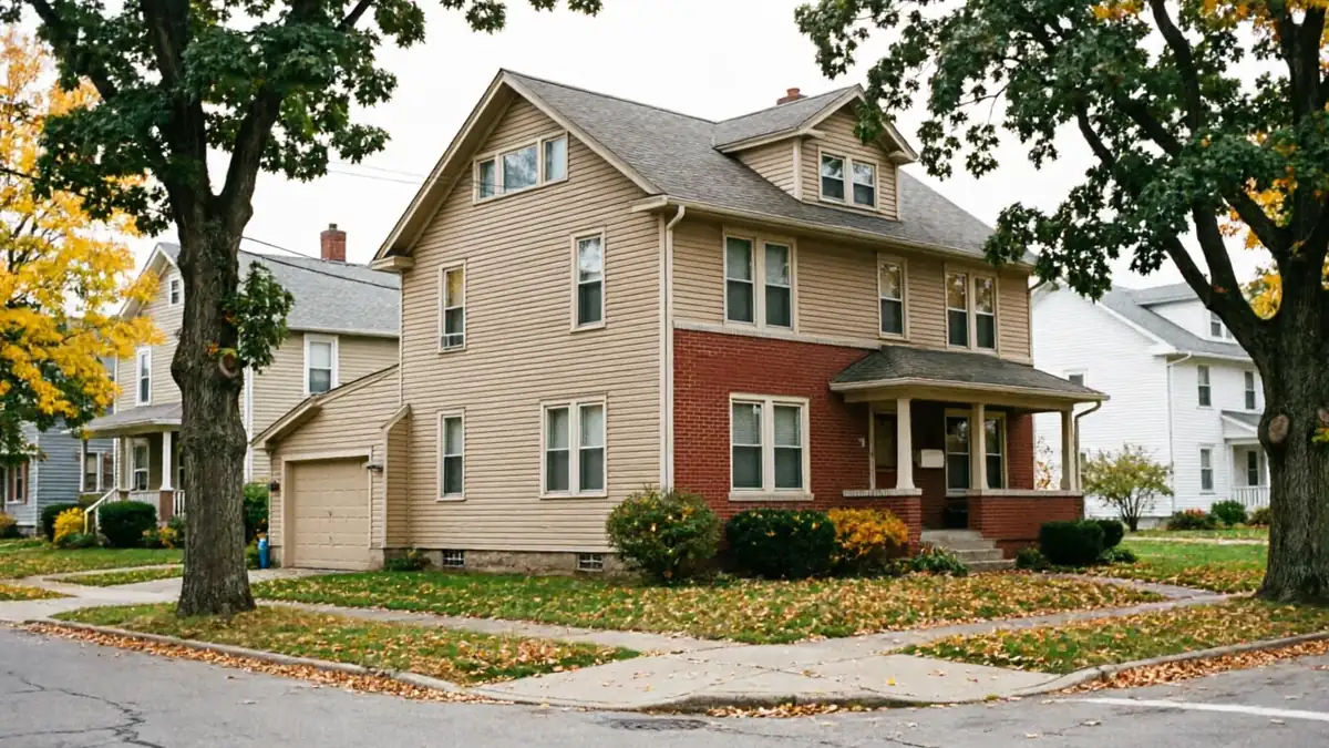 A two-story house with a garage and porch stands on a corner lot.