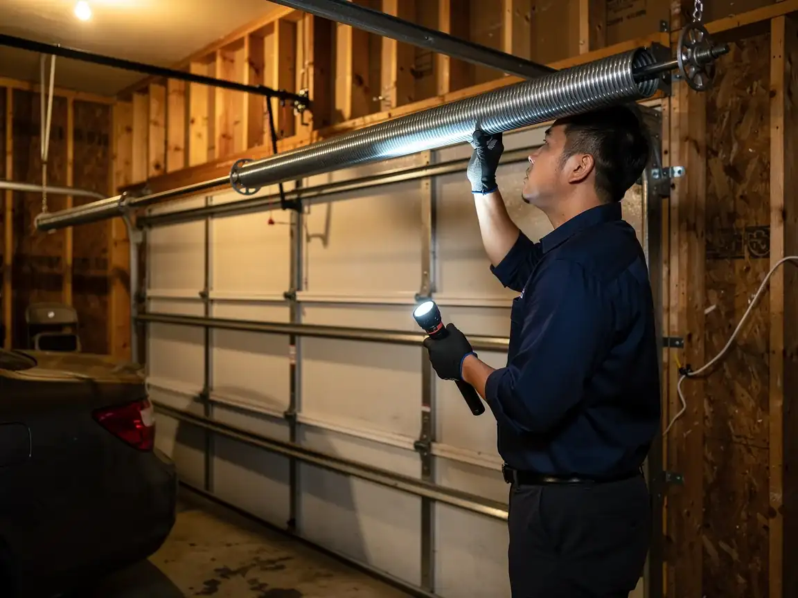 A technician with a flashlight inspects a garage door torsion spring.