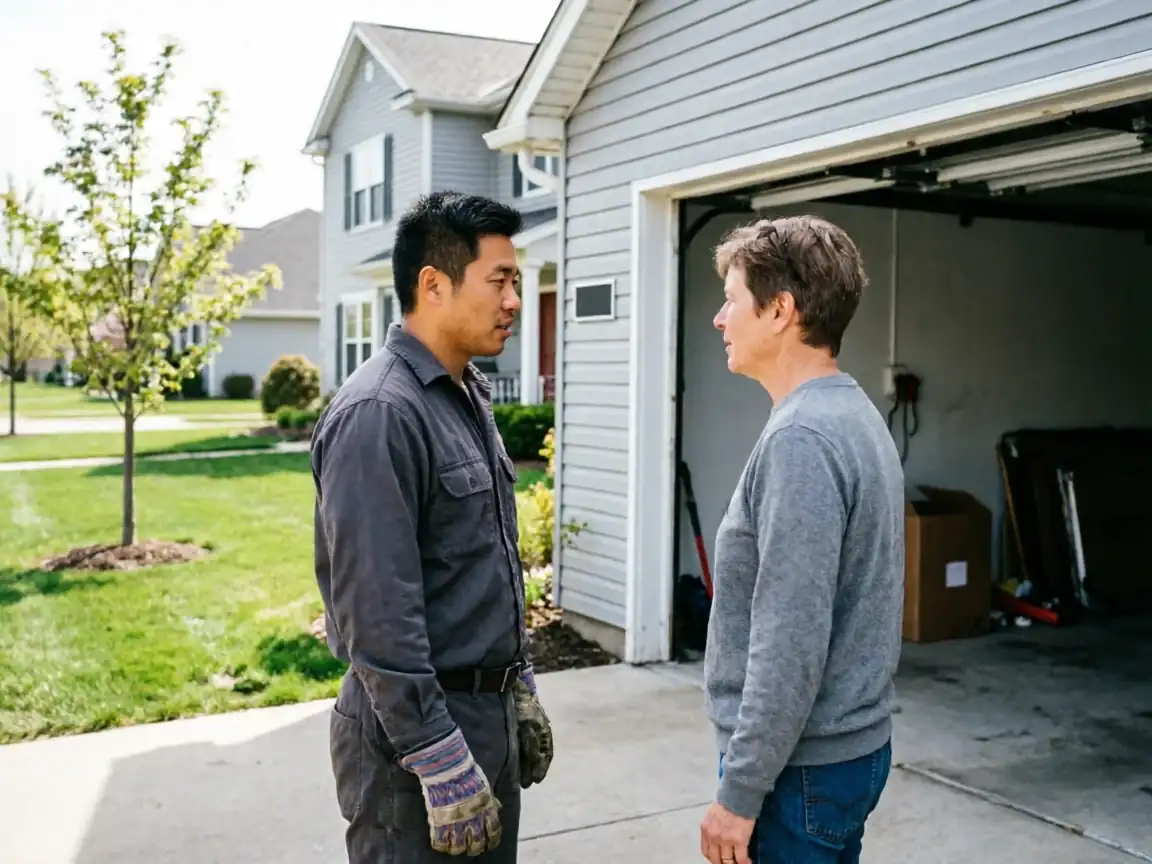 A technician in a gray uniform talks to a woman in front of a garage.