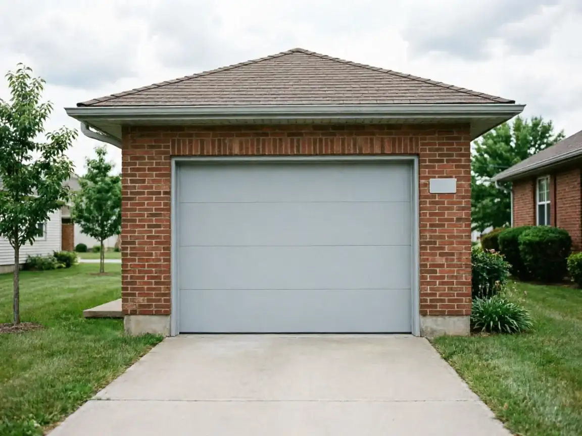 A light gray garage door is in a brick garage with a brown roof.